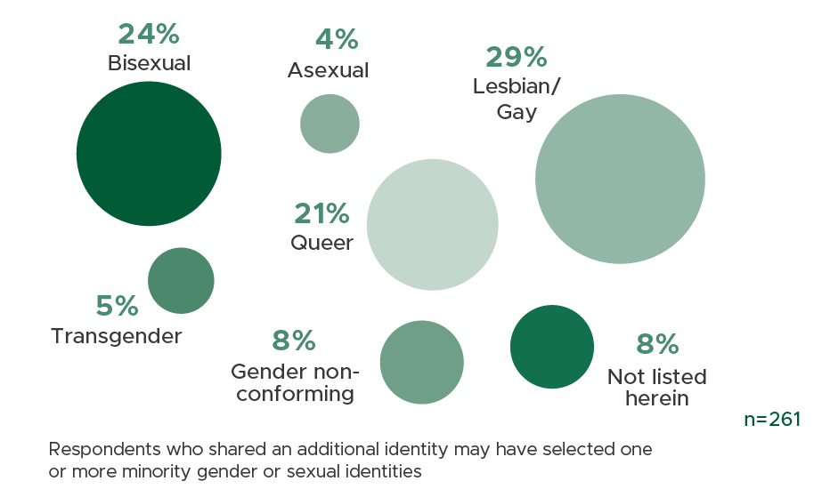 Gender Identity and Sexual Orientation; Bisexual 24%, Aesexual 4%, Transgender 5%; Lesbian/Gay 29%; Queer 21%; Gender non-conforming 8%; Not listed 8%; n=261